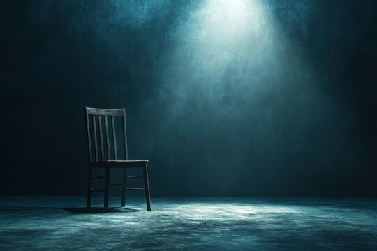 A lone wooden chair sits in a dark, moody room, illuminated by a single spotlight. Ideal for themes of mystery, suspense, or loneliness.