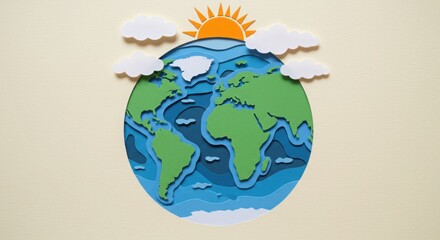 Stylized paper craft of earth with a sun and clouds, a layered planetary design, Generative AI