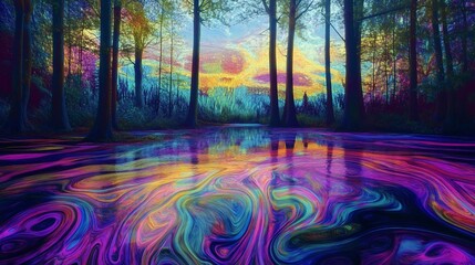 Vivid reflections in a psychedelic forest painting capturing a colorful sunset