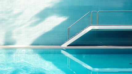 Modern swimming pool with a sleek diving board, surrounded by tranquil blue tiles and reflections