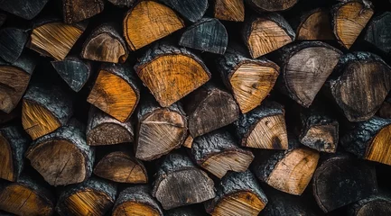 Gardinen High-Resolution close up of stacked cut firewood creates a warm textured background © zuhri