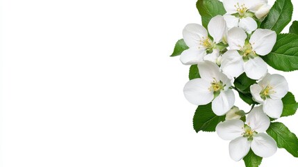 Fototapeta premium White Apple Blossom with Fresh Green Leaves on a Bright Background