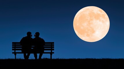 A romantic silhouette of a couple sitting on a bench under a large, glowing full moon against a deep blue night sky.