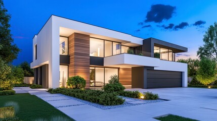 Fototapeta premium Modern minimalist house with garden illuminated at twilight
