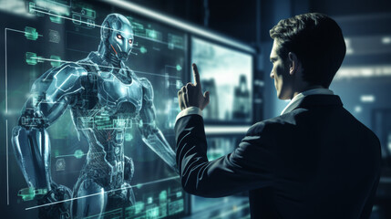 Человек управляет настройками робота на экране