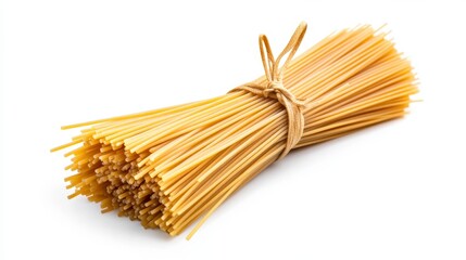 Bundle of uncooked spaghetti tied with jute twine on white background
