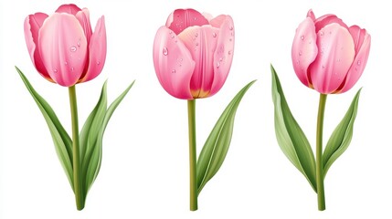 Obraz premium Beautiful pink tulips with water droplets and green leaves