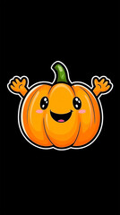 Adorable smiling pumpkin character with hands raised on a dark background illustration