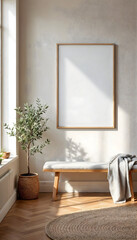 Frame mockup, minimalist living room scene with modern furniture and neutral decor