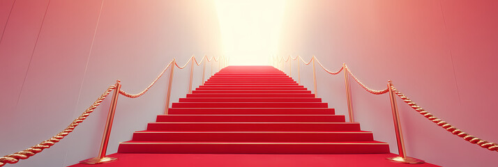 Ascent to the Spotlight: A captivating perspective of red carpeted stairs leads upwards, bathed in a radiant glow. This image embodies aspiration, glamour, and success.