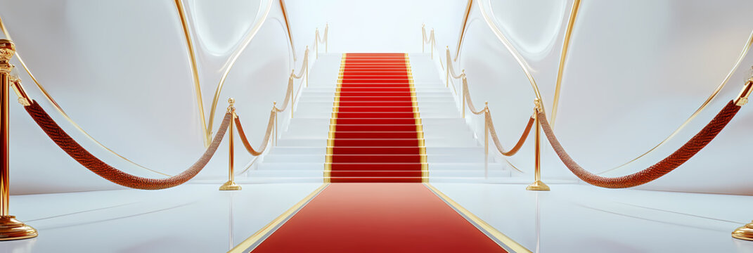 The Path to Prestige: An inviting red carpet unfolds up the stairs between elegant ropes, leading towards a sense of exclusivity and importance. This inviting image suggests luxury and ceremony