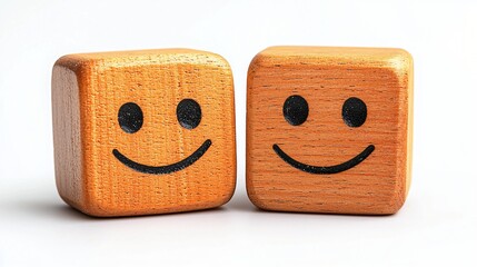 Wooden cubes smiling faces, teamwork, white background, positive emotions, business concept