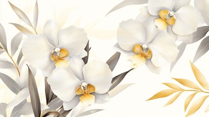 Naklejka premium Elegant white orchid with golden accents surrounded by soft foliage on a light background