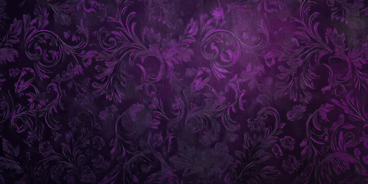 Deep purple velvet background with intricate floral patterns and soft, warm lighting, evoking a sense of luxury and grace.