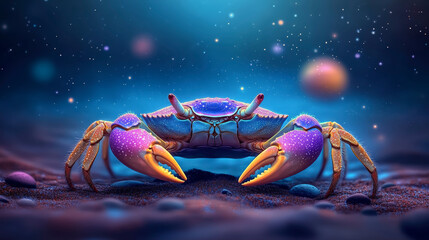 Fototapeta premium Cancer:The Crab Vibrant cosmic crab under starry night sky on beach; captivating marine wildlife; surreal ocean scene; mesmerizing aquatic art.