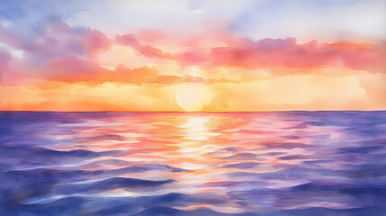 Obraz premium Watercolor painting of a sunset over a serene ocean. orange, pink, and purple reflecting on the calm waves and sky. Ocean Horizon. Illustration