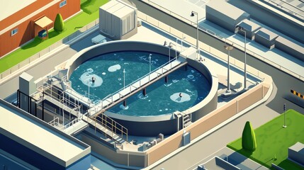 Obraz premium isometric modern water cleaning facility at an urban wastewater treatment plant. The purification process of removing undesirable chemicals, suspended solids, and gases from contaminated liquid.