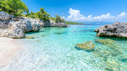 Fototapeta premium Secluded cove, turquoise water, rocky beach, sunny day, travel postcard