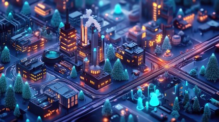 Obraz premium isometric of a visual representation of a hydrogen economy, with industries, transportation, and homes powered by hydrogen