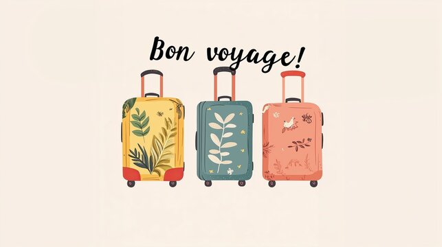 Stylish floral suitcases with "Bon Voyage" text illustration.