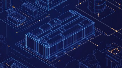 Isometric outline illustration of the principle construction layout of a lead-acid energy battery, isolated in vector format.