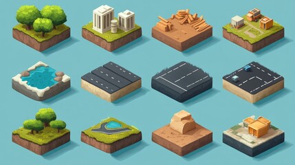 Isometric road construction element Road tiles icon Online game elements or infographics object flat 3D isometric buildings and landmarks collection vector illustration