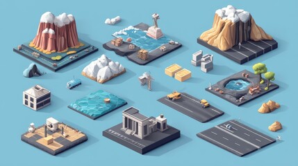 Isometric road construction element Road tiles icon Online game elements or infographics object flat 3D isometric buildings and landmarks collection vector illustration