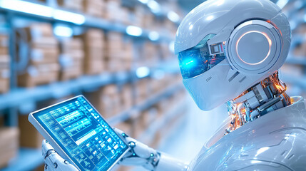 Advanced robot analyzing data in a modern warehouse