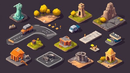 Isometric road construction element Road tiles icon Online game elements or infographics object flat 3D isometric buildings and landmarks collection vector illustration