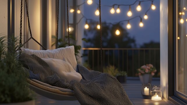 Ultra-realistic image of a small balcony with a swing chair, string lights, and a soft blanket, creating a peaceful outdoor retreat
