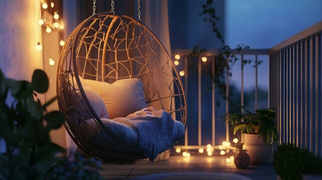 Ultra-realistic image of a small balcony with a swing chair, string lights, and a soft blanket, creating a peaceful outdoor retreat
