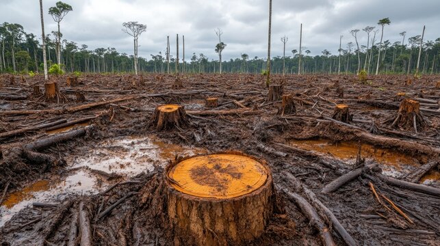 Deforestation area in a tropical rainforest shows cut trees and muddy ground after logging activity
