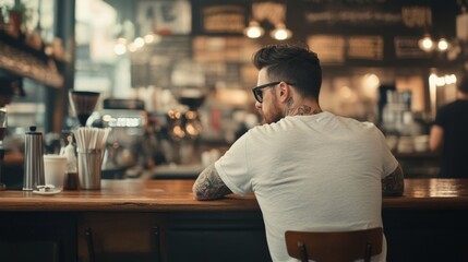 Obraz premium A tattooed man sits alone at a coffee shop counter, back to camera.