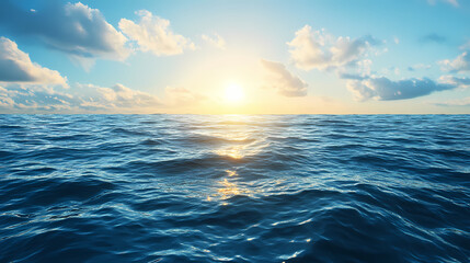 Fototapeta premium A large body of water beneath a blue sky, with the sun casting golden rays upon its blue horizon. Ocean Horizon. Illustration