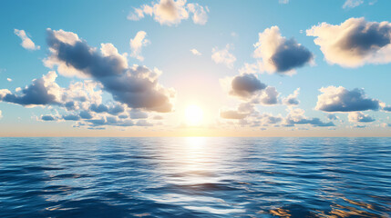 Fototapeta premium A large body of water beneath a blue sky, with the sun casting golden rays upon its blue horizon. Ocean Horizon. Illustration