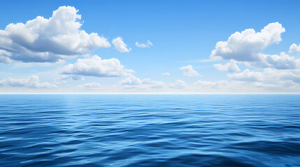 Obraz premium A serene ocean scene with calm waters,blue sky and white clouds in the background. Ocean Horizon. Illustration