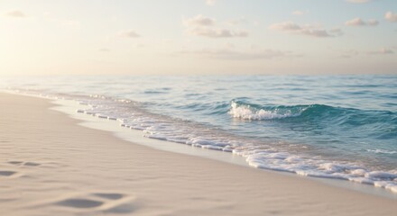 Gentle waves lap a soft beach under a pale sky, where clouds drift softly, Generative AI