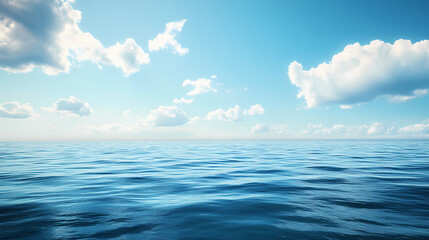 Fototapeta premium A serene ocean scene with calm waters,blue sky and white clouds in the background. Ocean Horizon. Illustration