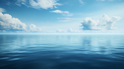 Obraz premium A serene ocean scene with calm waters,blue sky and white clouds in the background. Ocean Horizon. Illustration