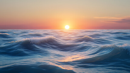 Obraz premium A tranquil ocean view with soft waves and a glowing sunrise on the horizon. Ocean Horizon. Illustration