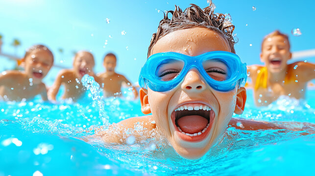 Joyful children swimming and laughing in a sunny pool