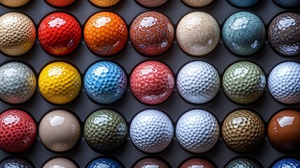 A vibrant display of golf balls arranged in a grid pattern showcasing various colors and textures