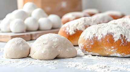 Fototapeta premium Flour-dusted dough and baked bread on kitchen counter