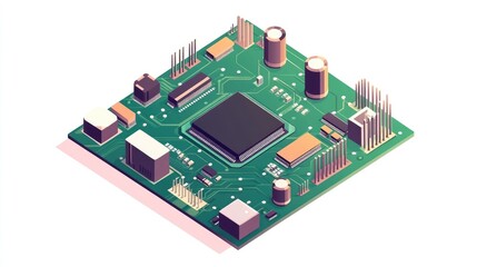 Isometric vector illustration of a microprocessor circuit board isolated on a white background.