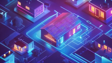 Isometric vector illustration of a simple diagram representing a hybrid solar cell system with colorful house concept and inverter panels isolated.