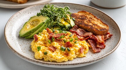 Delicious breakfast with scrambled eggs avocado bacon and toast on a plate
