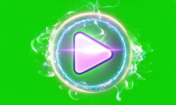 Modern digital media button playback symbol with bright neon lights and energy on chroma key background