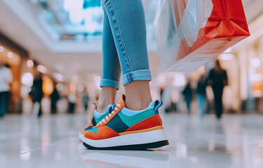 Close-up of woman walking in shopping mall with shopping bags wearing colorful sneakers and jeans
