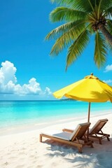 Tropical beach scene with clear blue water and yellow sun umbrella, blue, ocean