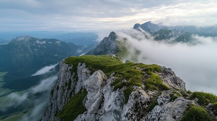 Majestic Mountain Peaks Piercing Through the Mystical Clouds at Early Morning Light